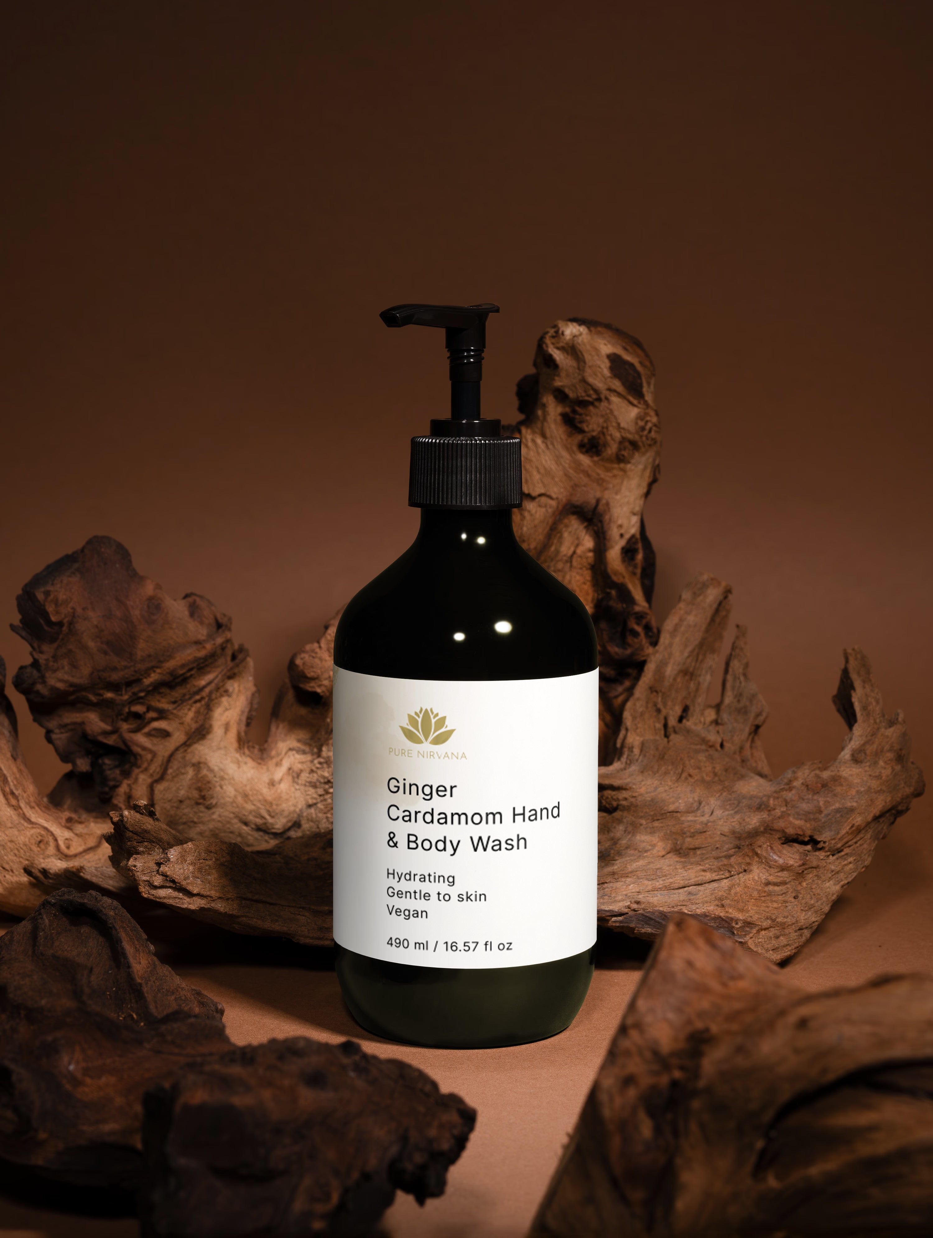 Bottle of Reso body wash with a brown background