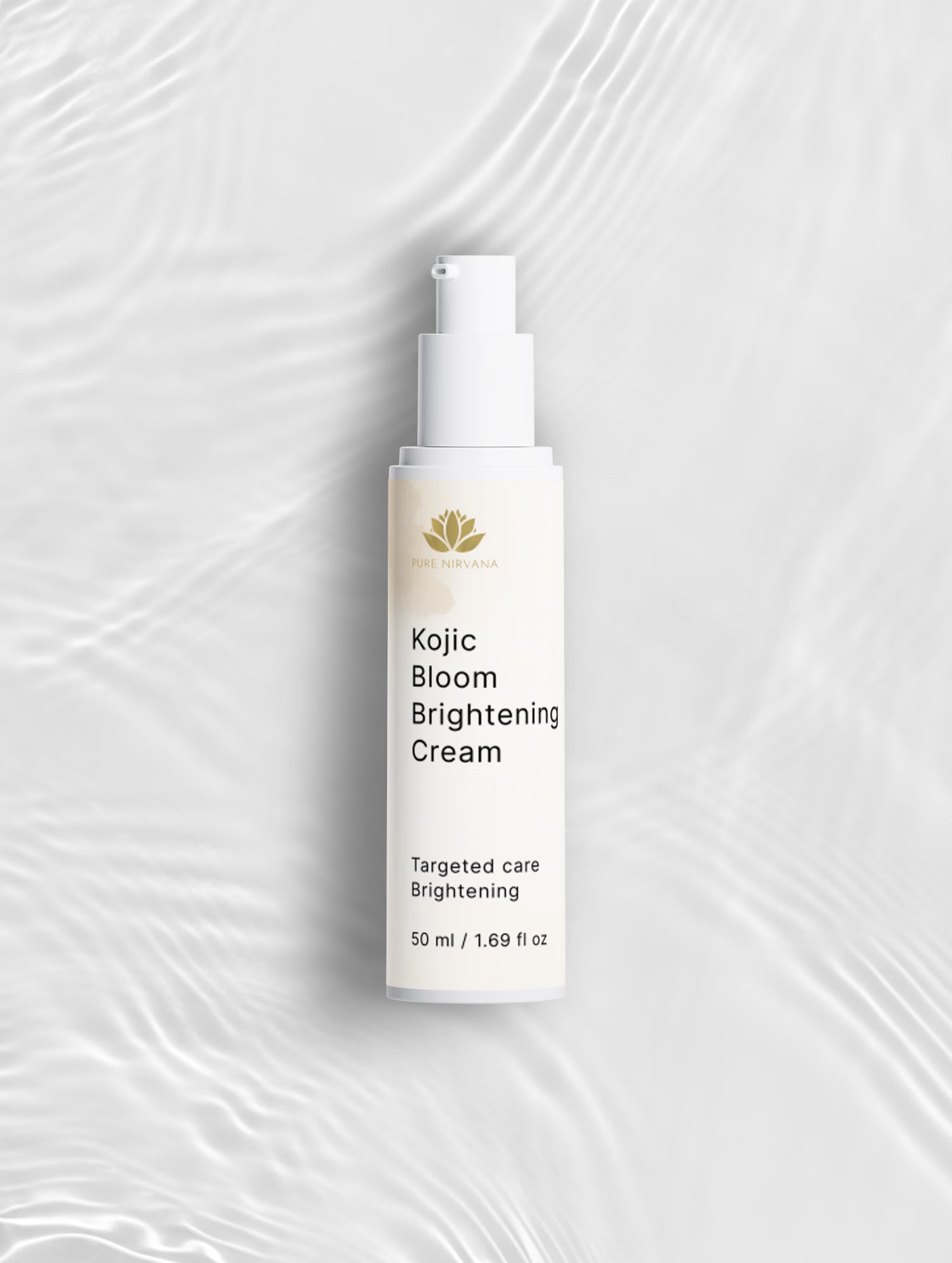 A white pump bottle of Kojic Bloom Brightening Cream by The Beauty Brand, centered on a textured white background with soft ripples.