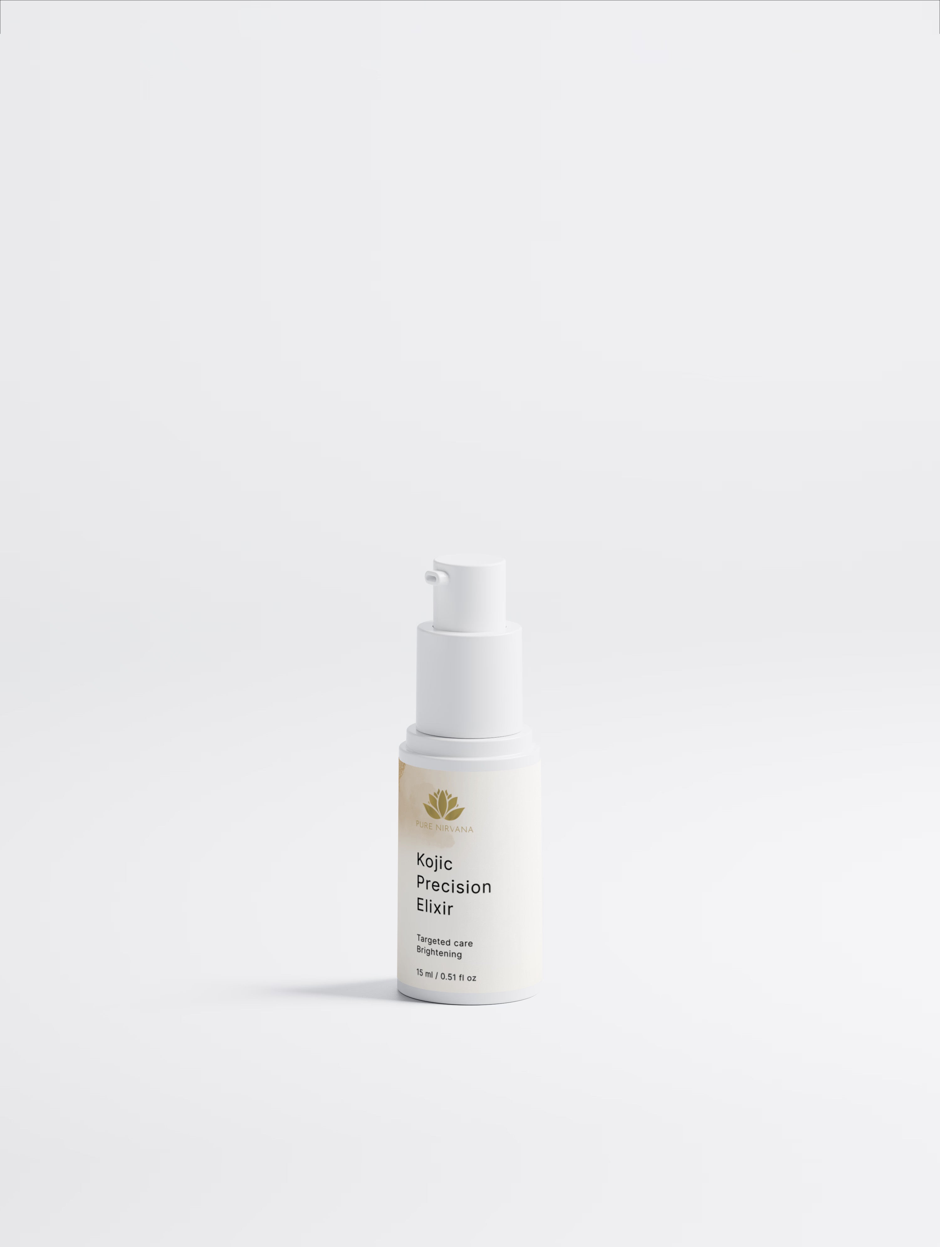 A white pump bottle of Kojic Precision Elixir skincare product, featuring a minimalist white label with a small gold leaf logo, set against a seamless light gray studio background.