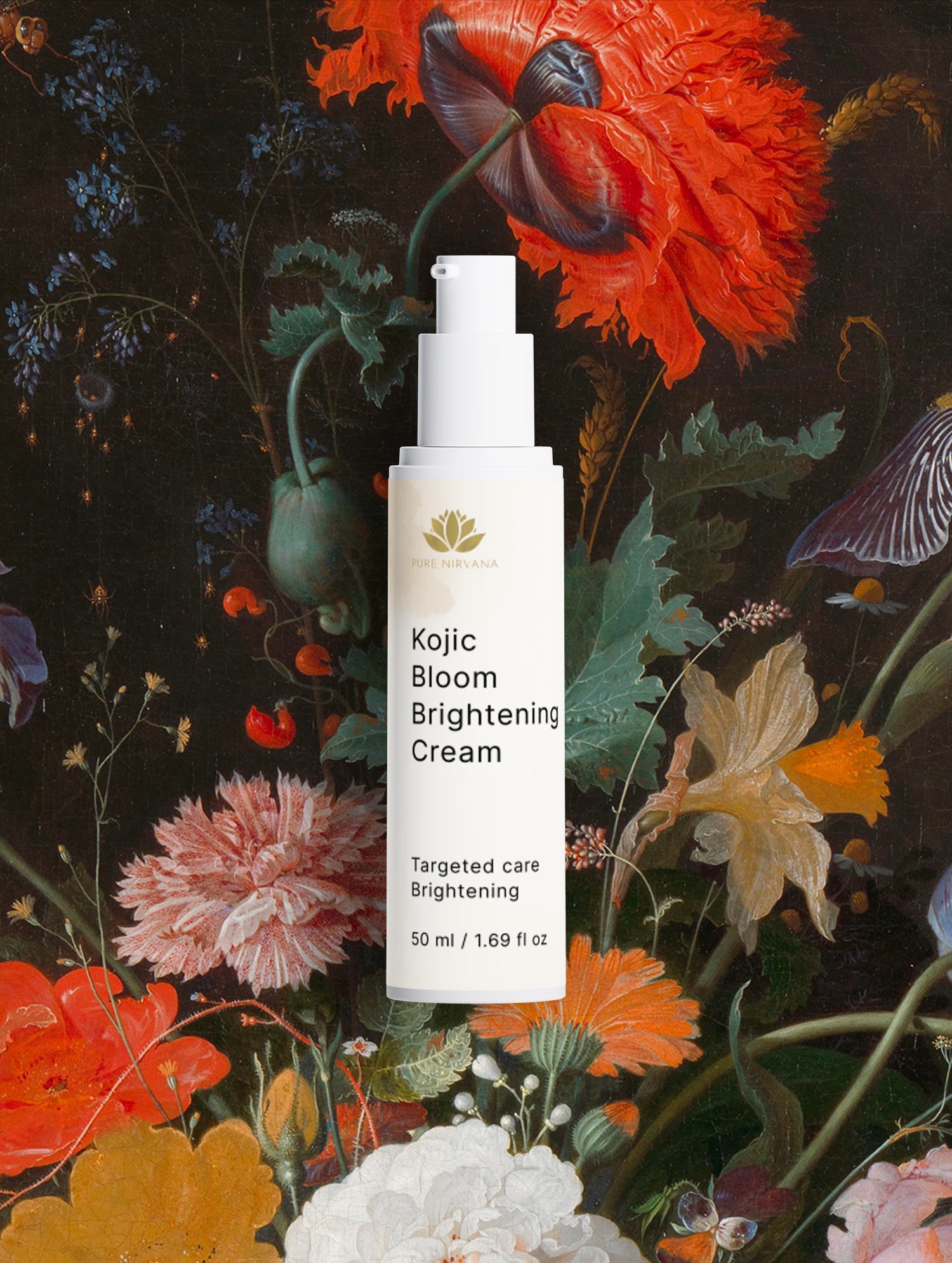 A white pump bottle of Kojic Bloom Brightening Cream by The Art of Beauty, centered against a highly detailed, classical-style botanical painting filled with vibrant red, orange, pink, and green flowers.