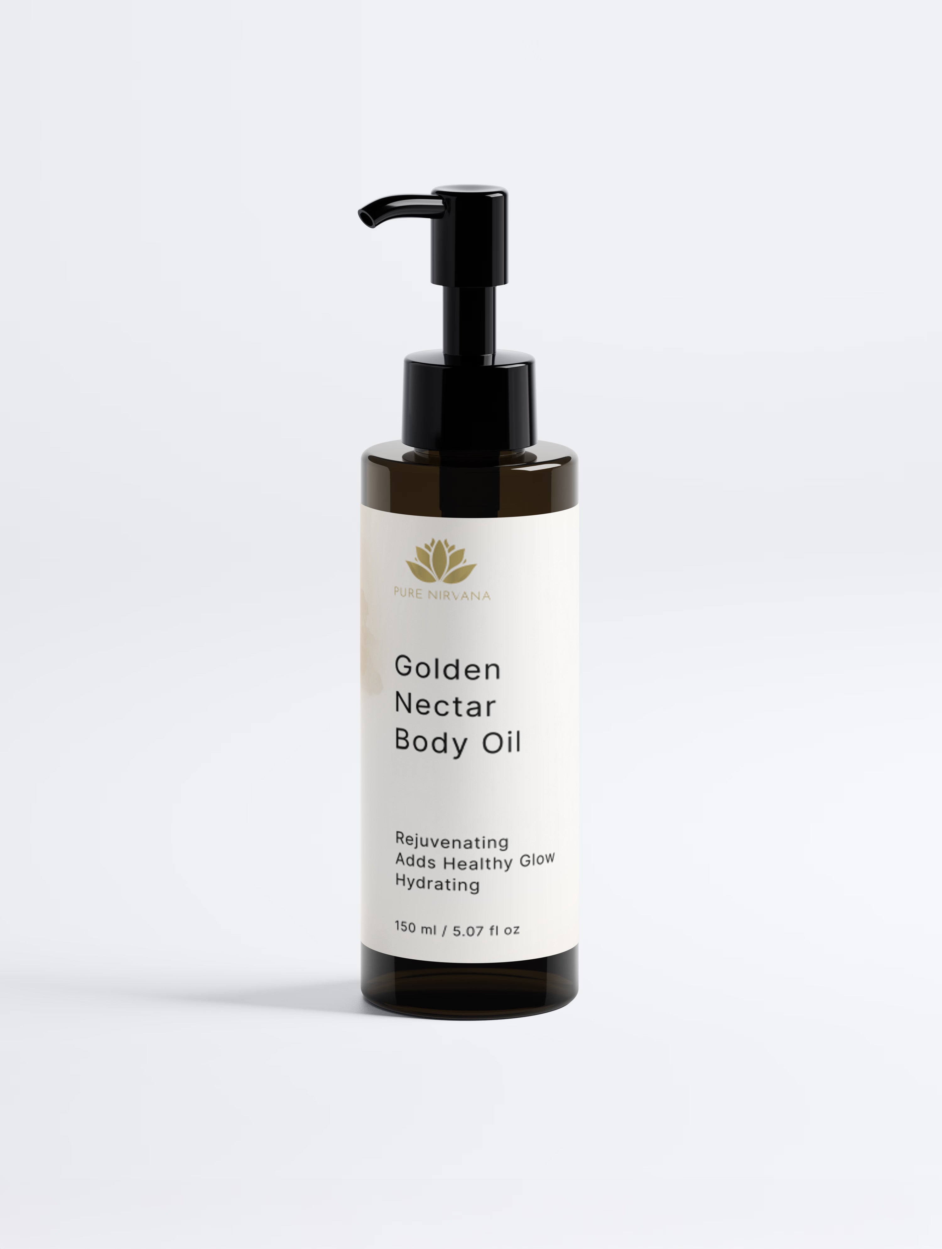 A bottle of Pure Naturals Golden Nectar Body Oil with a black pump dispenser and a white label, set against a clean white background.