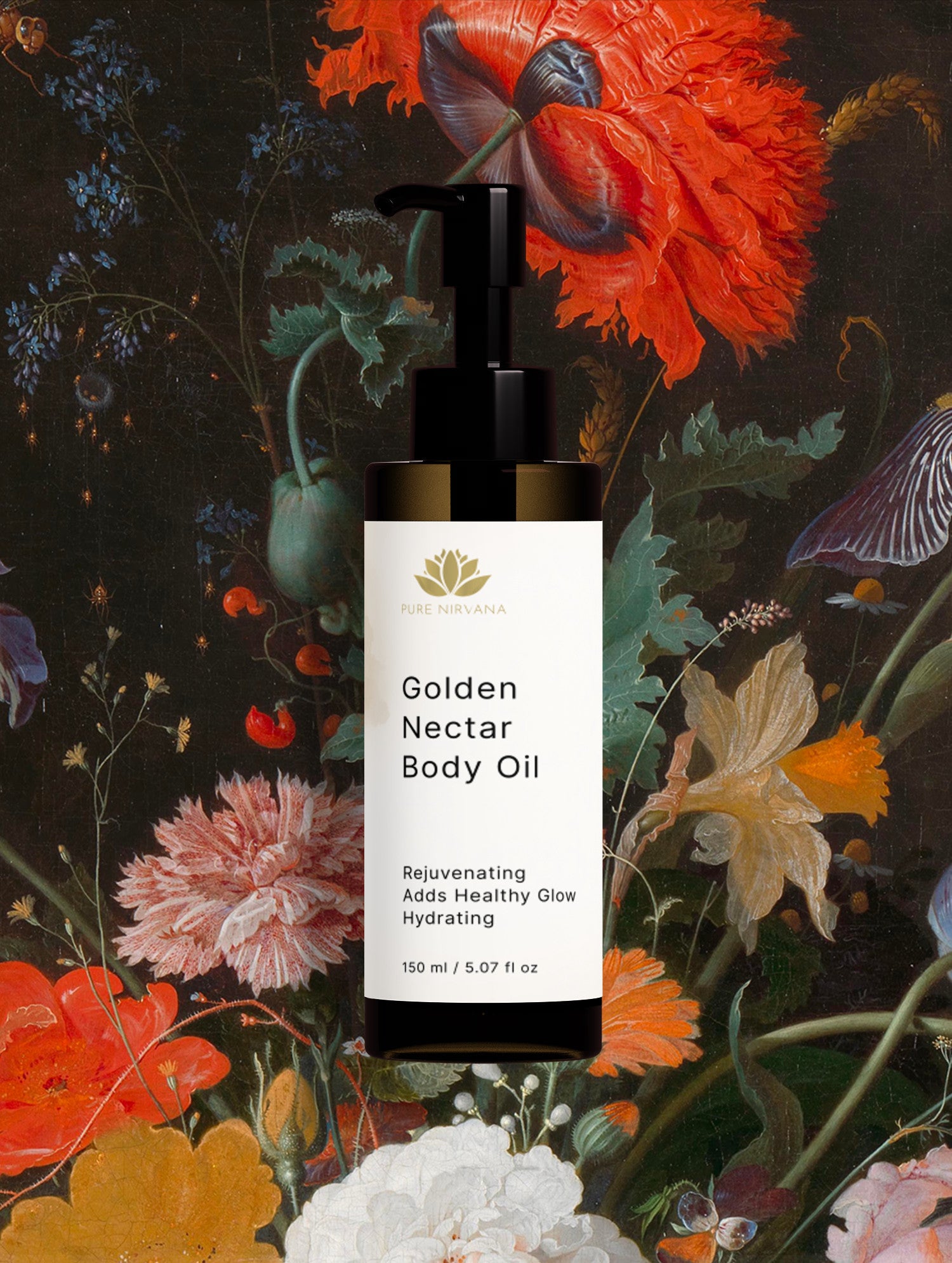 A bottle of Pure Vitality Golden Nectar Body Oil with a black pump and white label, centered against a detailed vintage-style botanical background of red, orange, and green flowers.