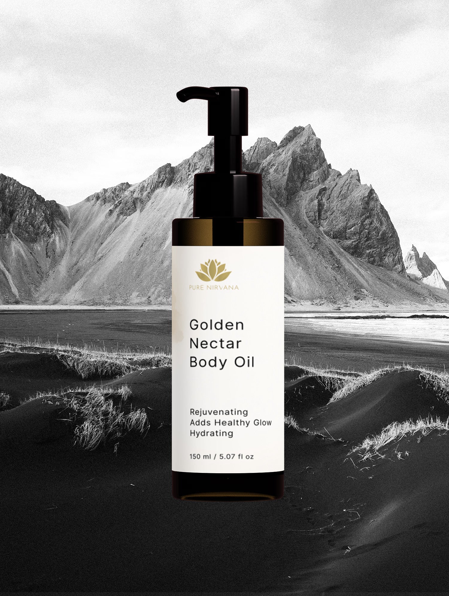 A bottle of Pure Vitality Golden Nectar Body Oil centered against a black-and-white mountain landscape background.
