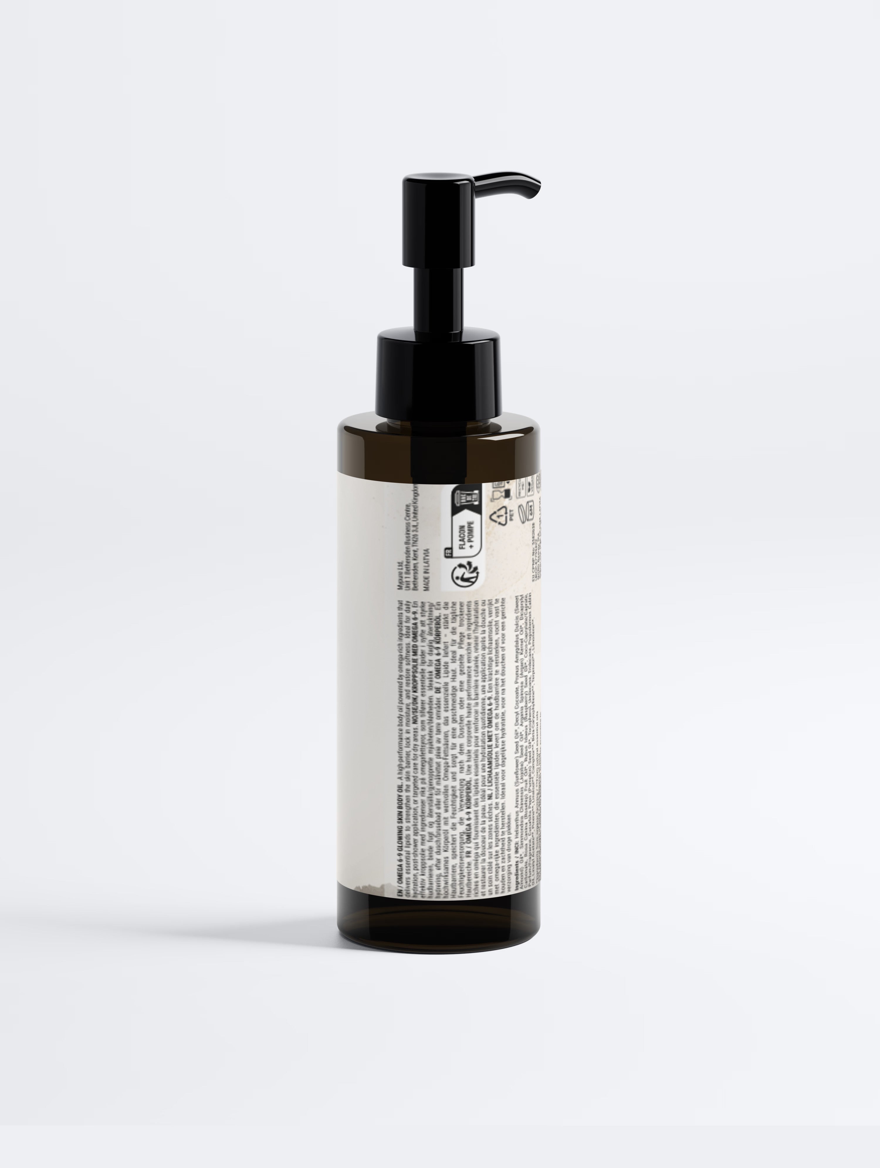 An amber glass pump bottle with a black dispenser and a white label, shown from the back against a clean white background.