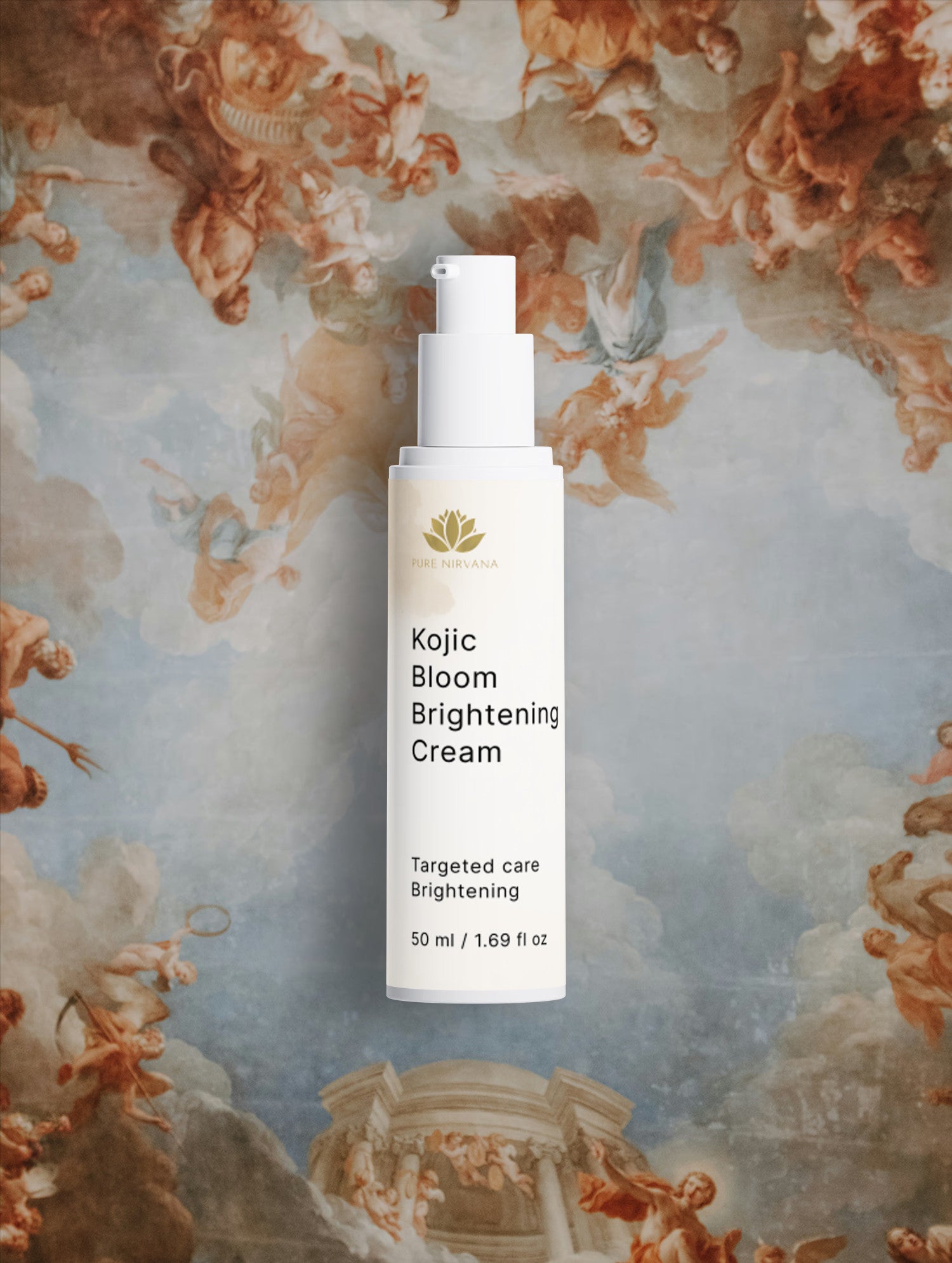 A white pump bottle of Kojic Bloom Brightening Cream by The Beauty Brand, centered against a classical fresco background of clouds and cherubs.