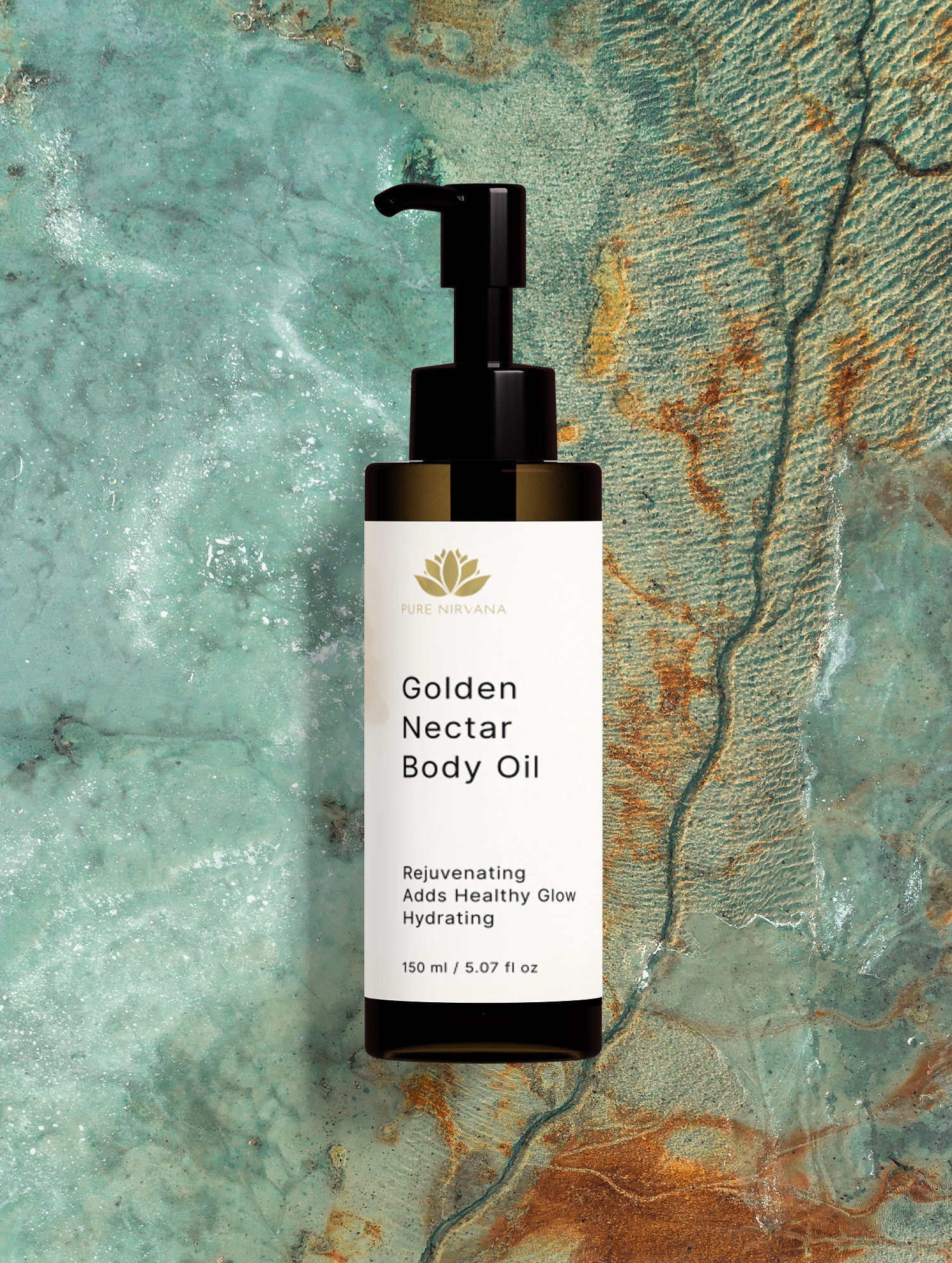 A bottle of Pure Vitality Golden Nectar Body Oil with a black pump and white label, set against a textured green and brown stone background.