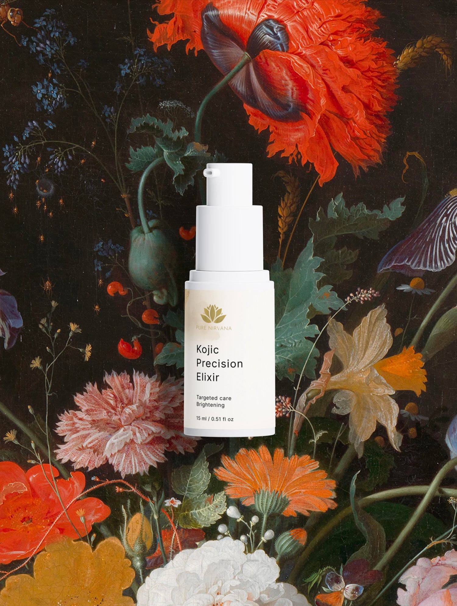 A white bottle of Kojic Precision Elixir targeted care moisturizer centered against a dark, ornate floral background with red, orange, pink, and yellow flowers.