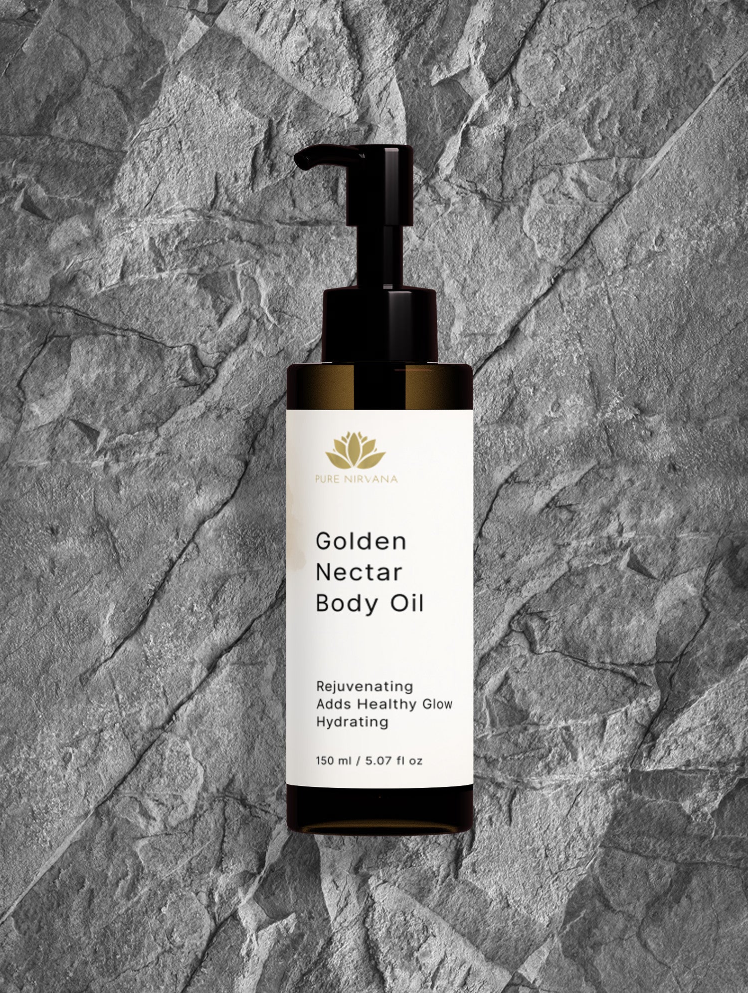 A bottle of Pure Vitality Golden Nectar Body Oil with a black pump and white label, set against a textured gray stone background.