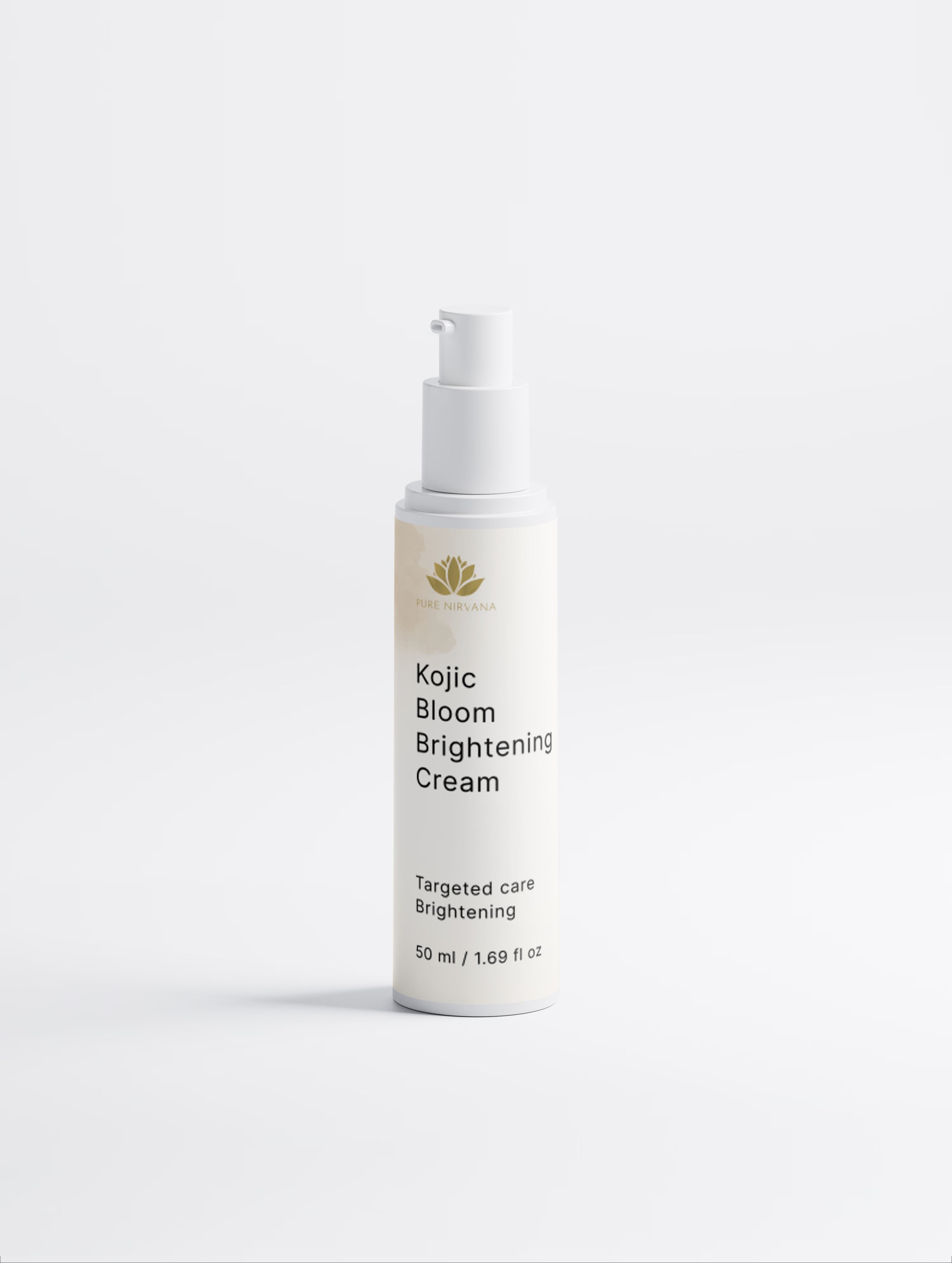 A white pump bottle of Kojic Bloom Brightening Cream by The Ordinary, set against a seamless light gray studio background.