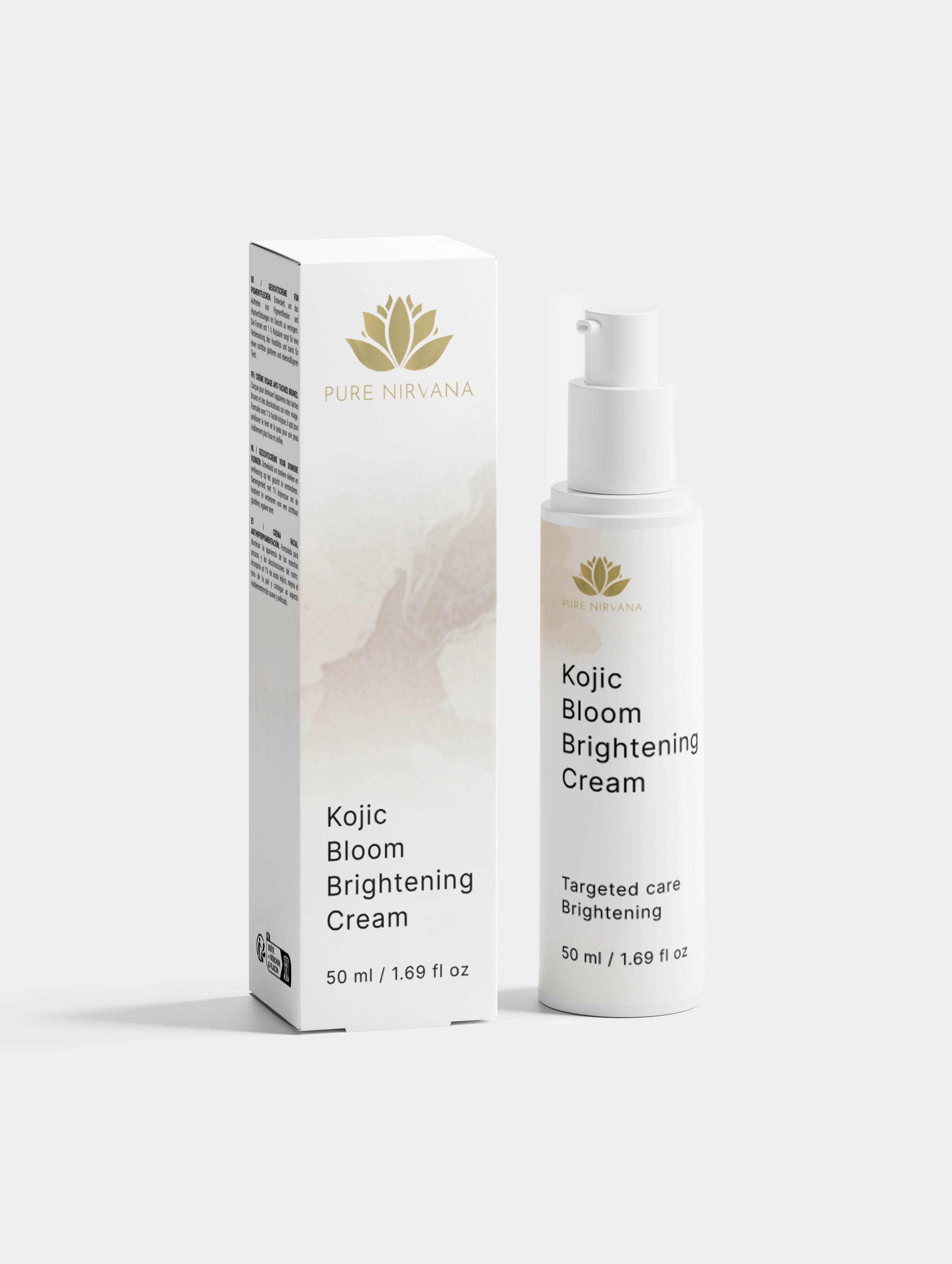 Pure Nirvana Kojic Bloom Brightening Cream 50ml bottle next to its white packaging box, both featuring a gold lotus logo and black text, set against a light gray background.