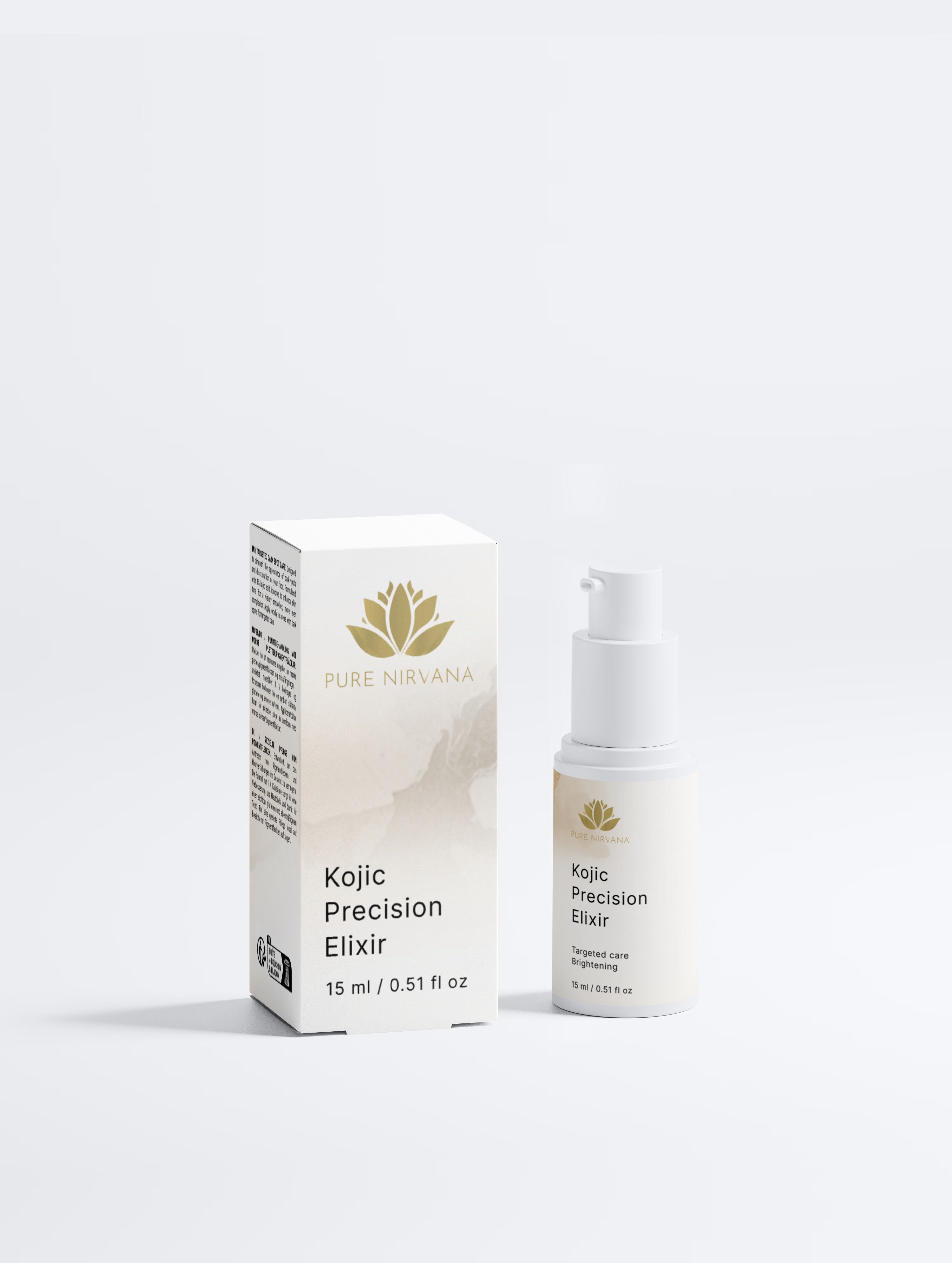 Pure Nirvana Kojic Precision Elixir skincare set, featuring a white pump bottle and its matching white and gold outer packaging box, set against a seamless light gray studio background.