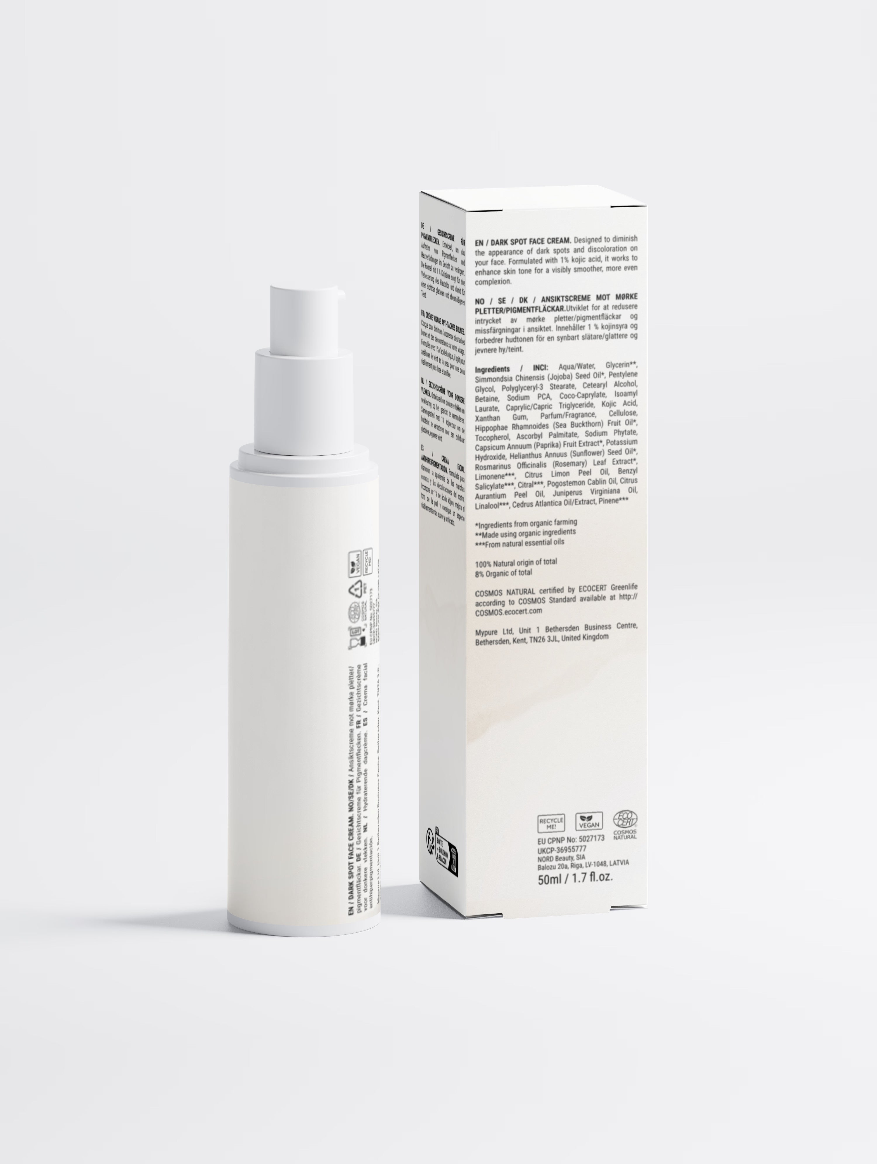 A white cylindrical pump bottle and its matching white rectangular packaging box, both printed with black text, photographed on a clean light gray studio background.